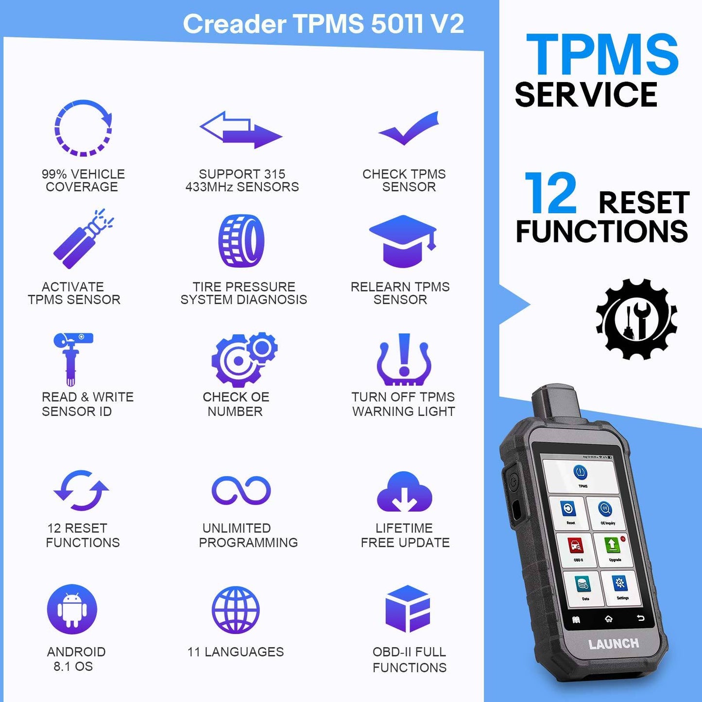 LAUNCH Creader TPMS 5011 V2 TPMS Activation Diagnostic Tool learning Progarm