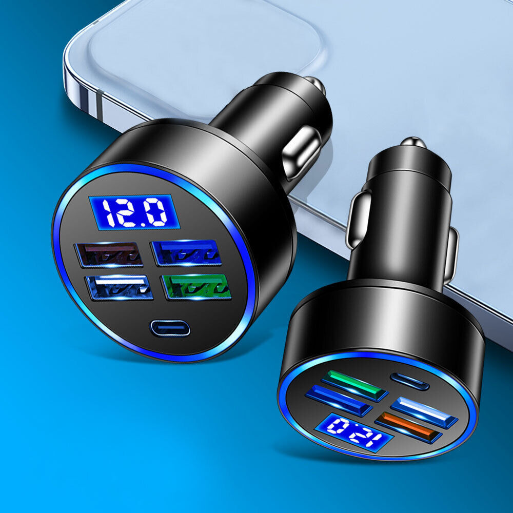 5 Ports USB Type-C PD Car Charger LED Fast Charging Adapter Car Accessories