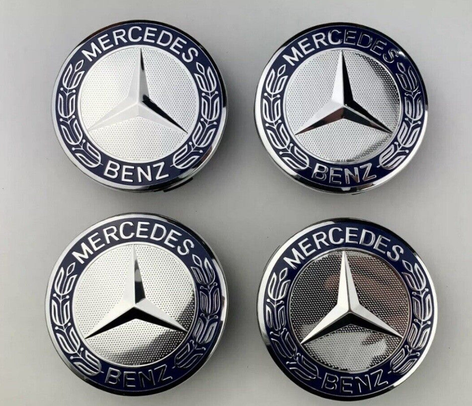 4-piece set of dark blue for Mercedes-Benz alloy wheel center caps, 75mm badges, and wheel emblems.