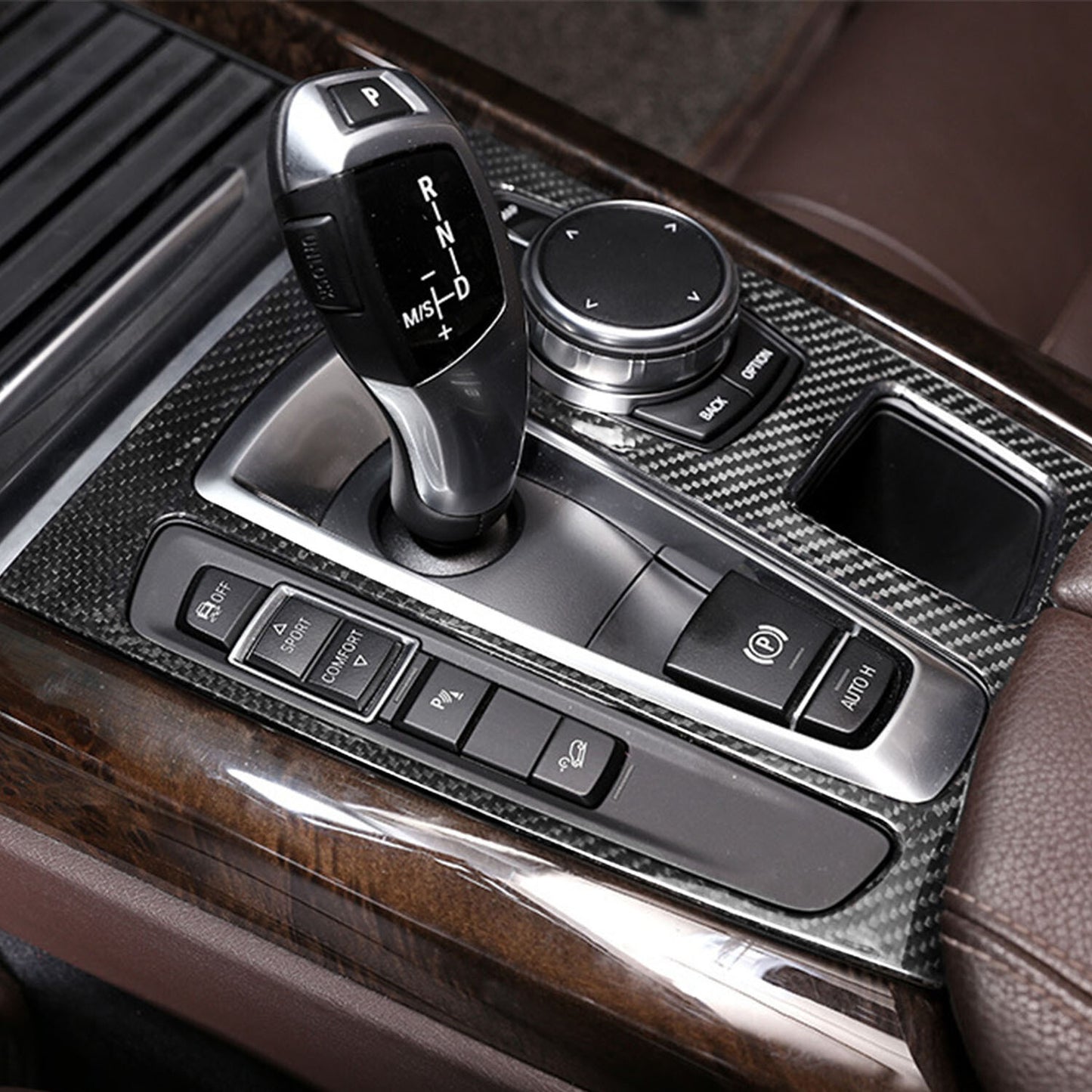Carbon Fiber Central Console Gear Shift Panel Cover for BMW X5 X6 F15 2014-2018
