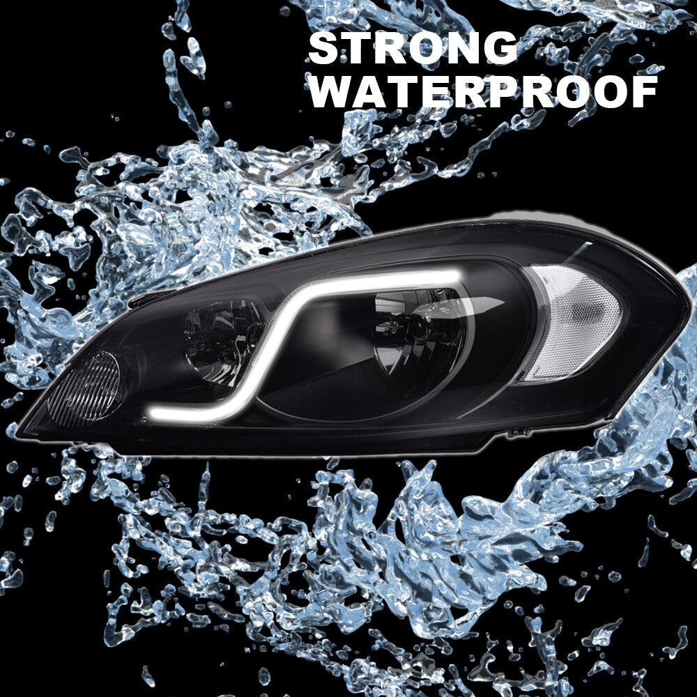 Suitable for 2006-2016 for Chevrolet Impala headlights with LED DRLs, black/smoky finish.