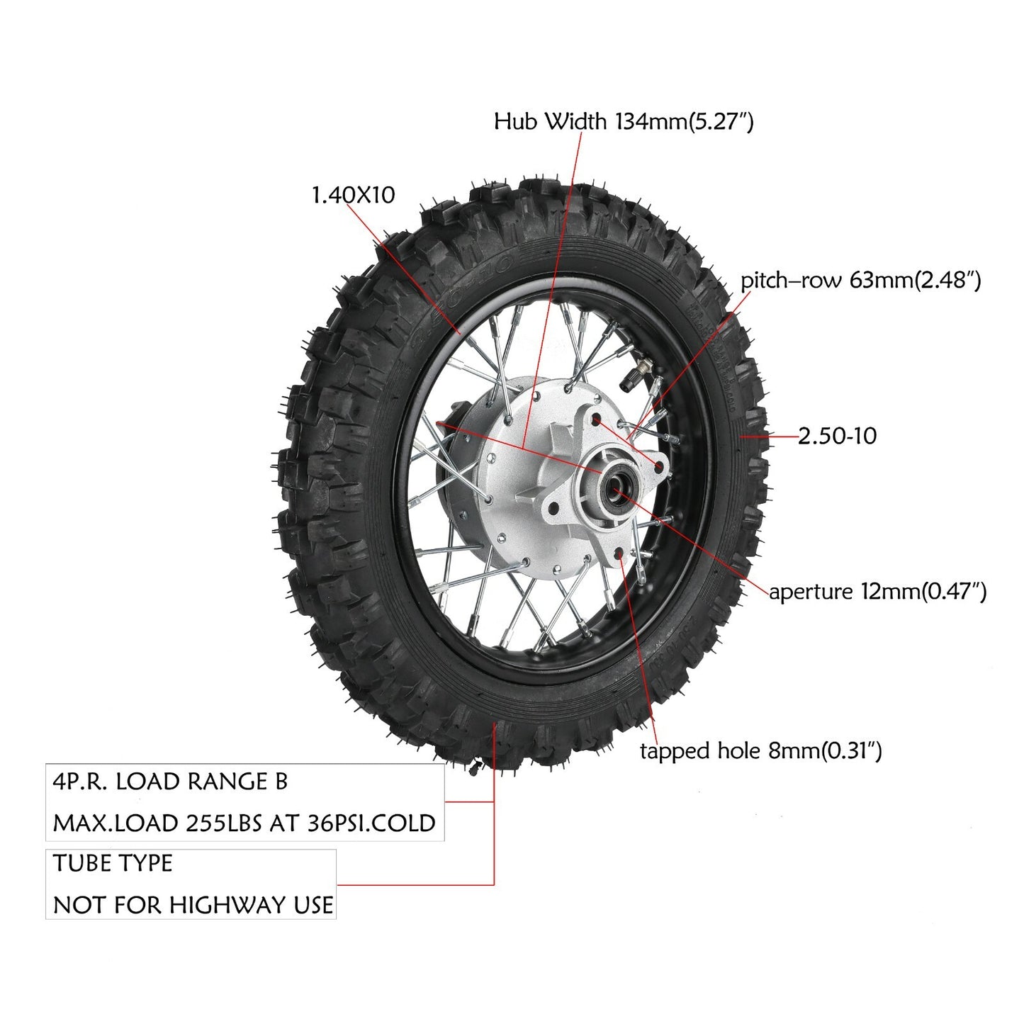 10-inch front and rear wheels, 2.50-10 tires, rims with sprockets, dirt pit bicycle CRF50 TTR50 XR50