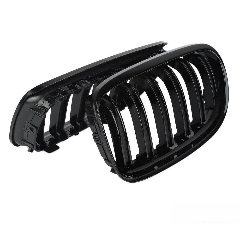 Left and right front bumper kidney grilles for BMW 3 Series E90 E91 LCI, gloss black.