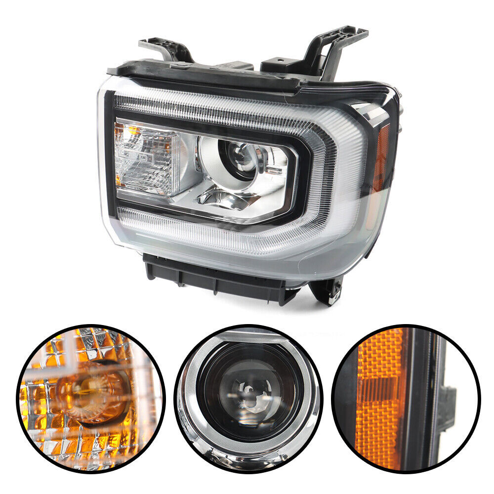 Headlights applicable to 2016-2018 for GMC for Sierra 1500 LED DRL projector with HID/xenon headlights on the left.