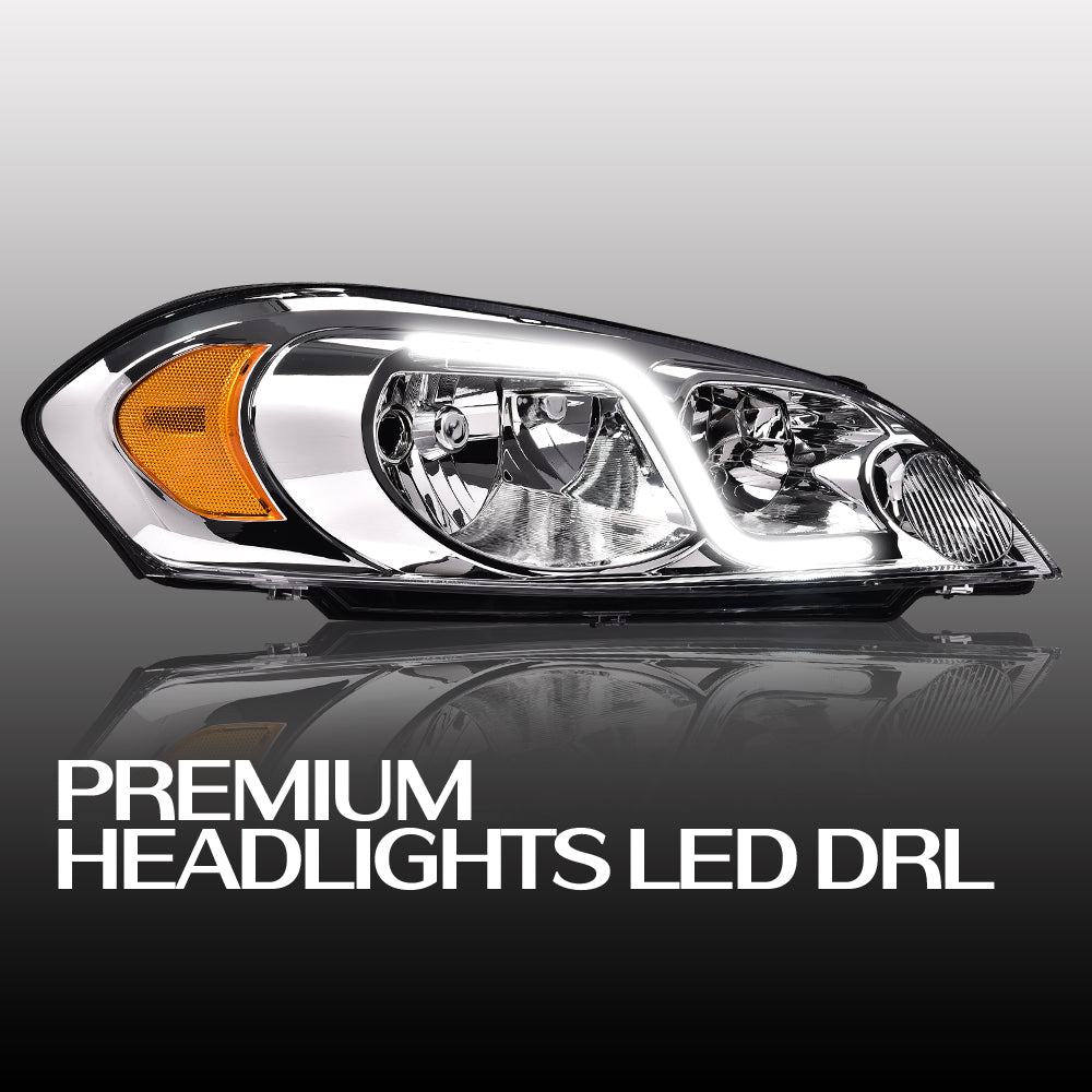 Suitable for 06-16 for Chevrolet Impala with chrome housing, amber corner DRLs, and LED headlights.