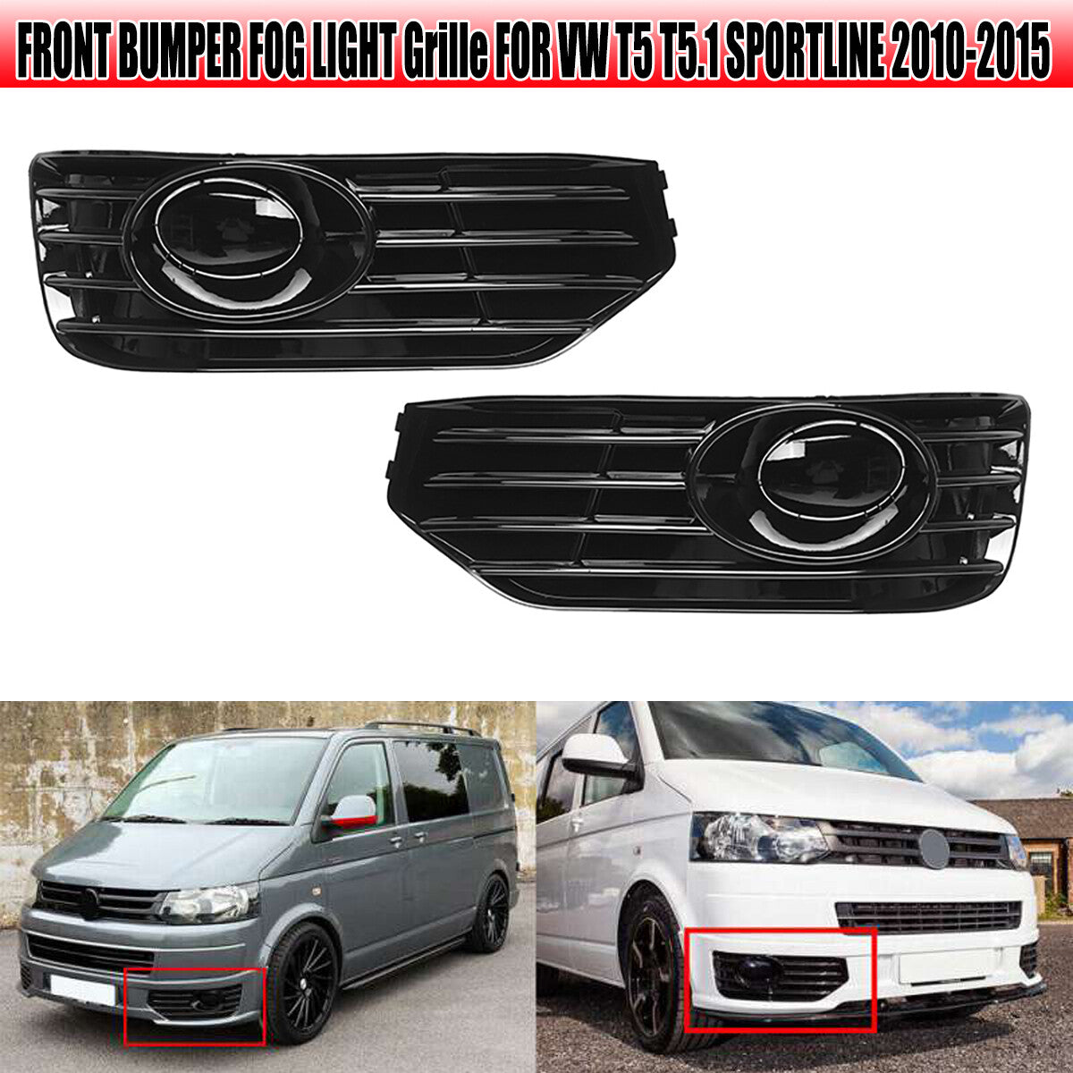 2 Black Front Fender Fog Light Cover Grille for Volkswagen T5 T5.1 Sportline 10-15