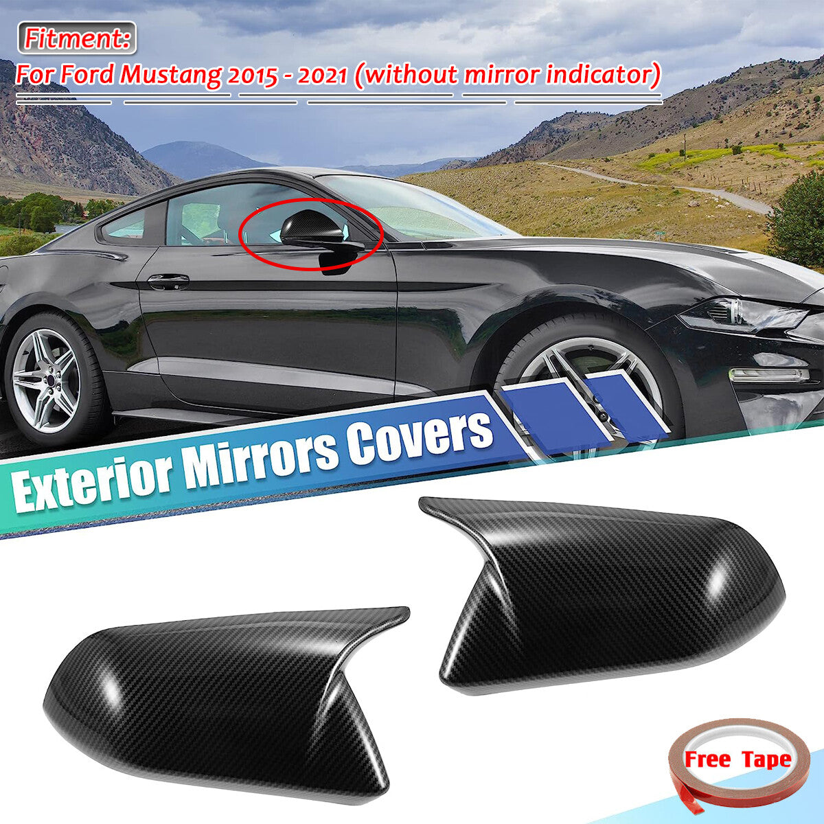 for Ford for Mustang 15-22 M Horn Style Rearview Side Mirror Cover Cap Carbon Fiber