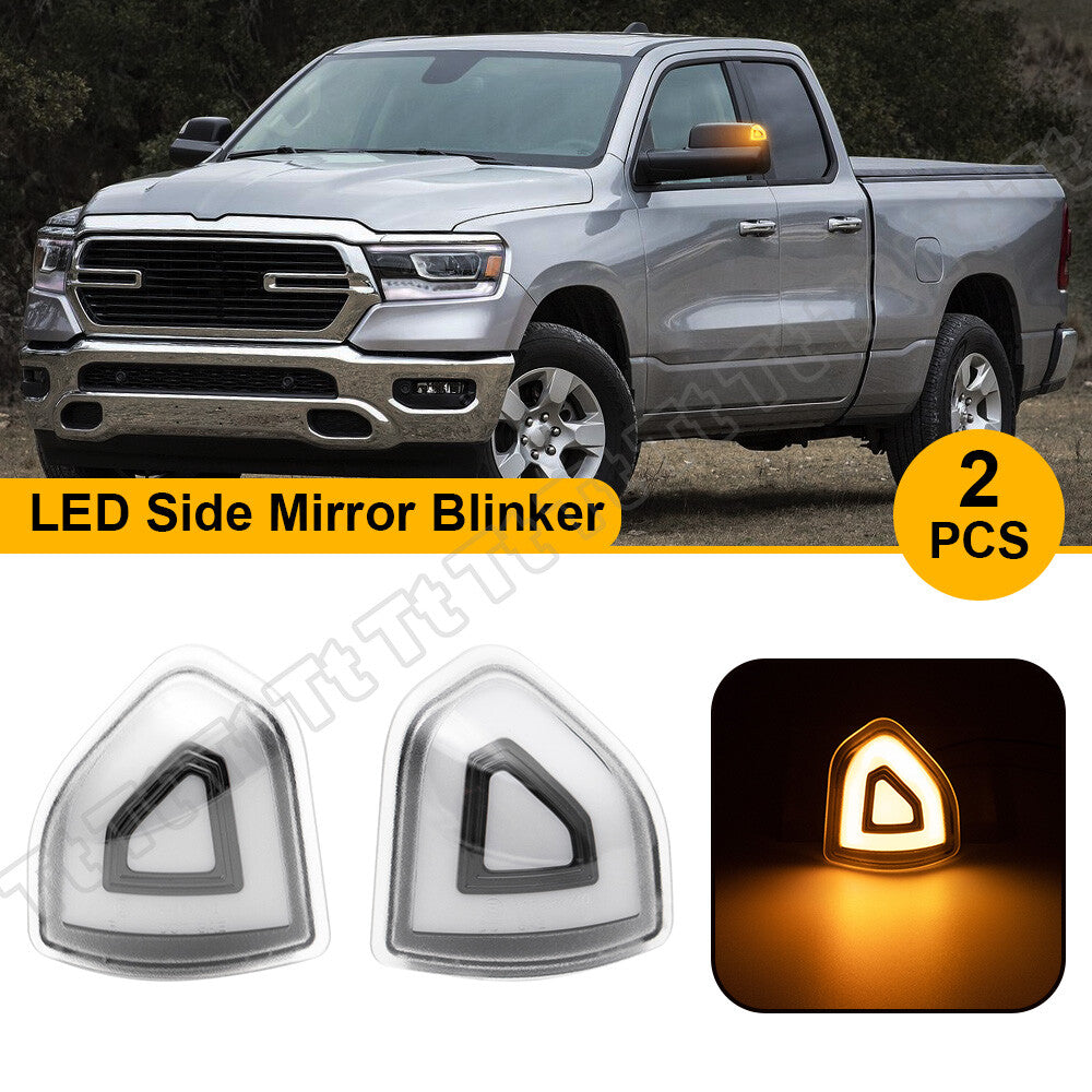 Yellow LED side mirror turn signals are applicable to for Dodge for Ram 1500, 2500, and 3500 models (2010-2023).