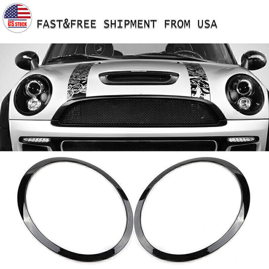 Headlight trim rings left and right for Mini Cooper R55 R56 2007-2015, glossy black, USA.