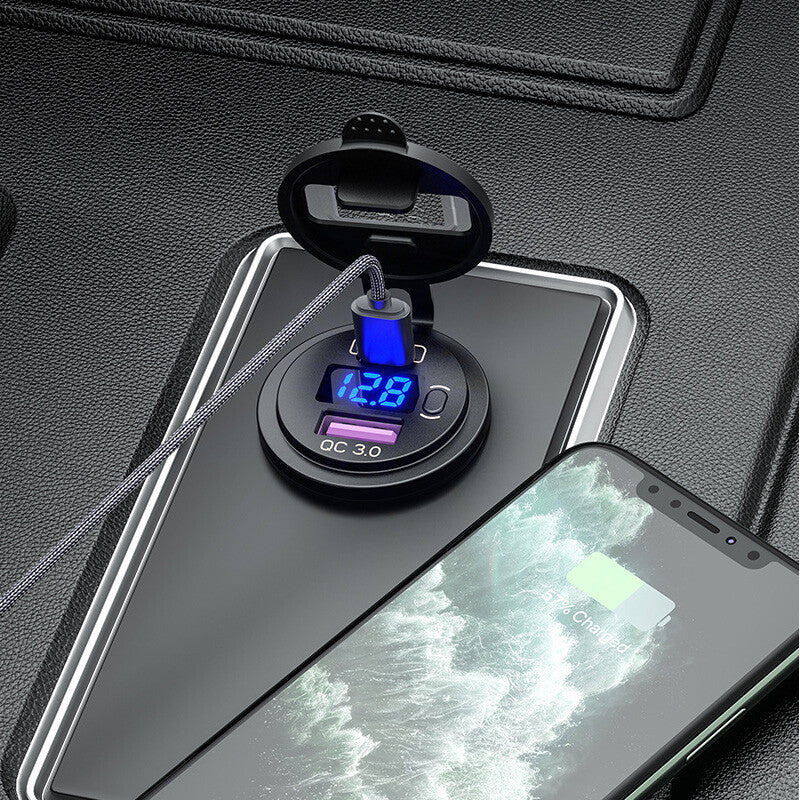 1-Piece QC3.0+PD Dual USB Fast Charger Socket Power Socket Part for Cars and Motorcycles
