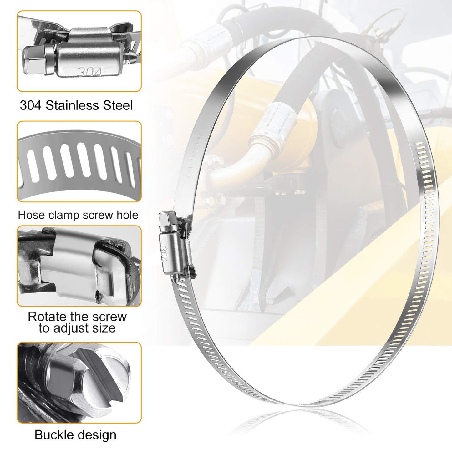 8-inch Adjustable Stainless Steel Hose Clamp Worm Gear Clamp 6-Piece