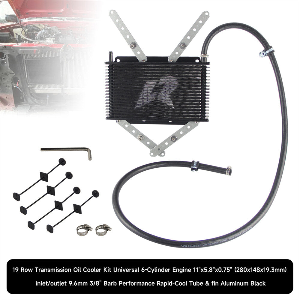 19 Row Transmission Oil Cooler Kit 11x4.2x0.75 (280x107x19mm) 3/8 Barb Black