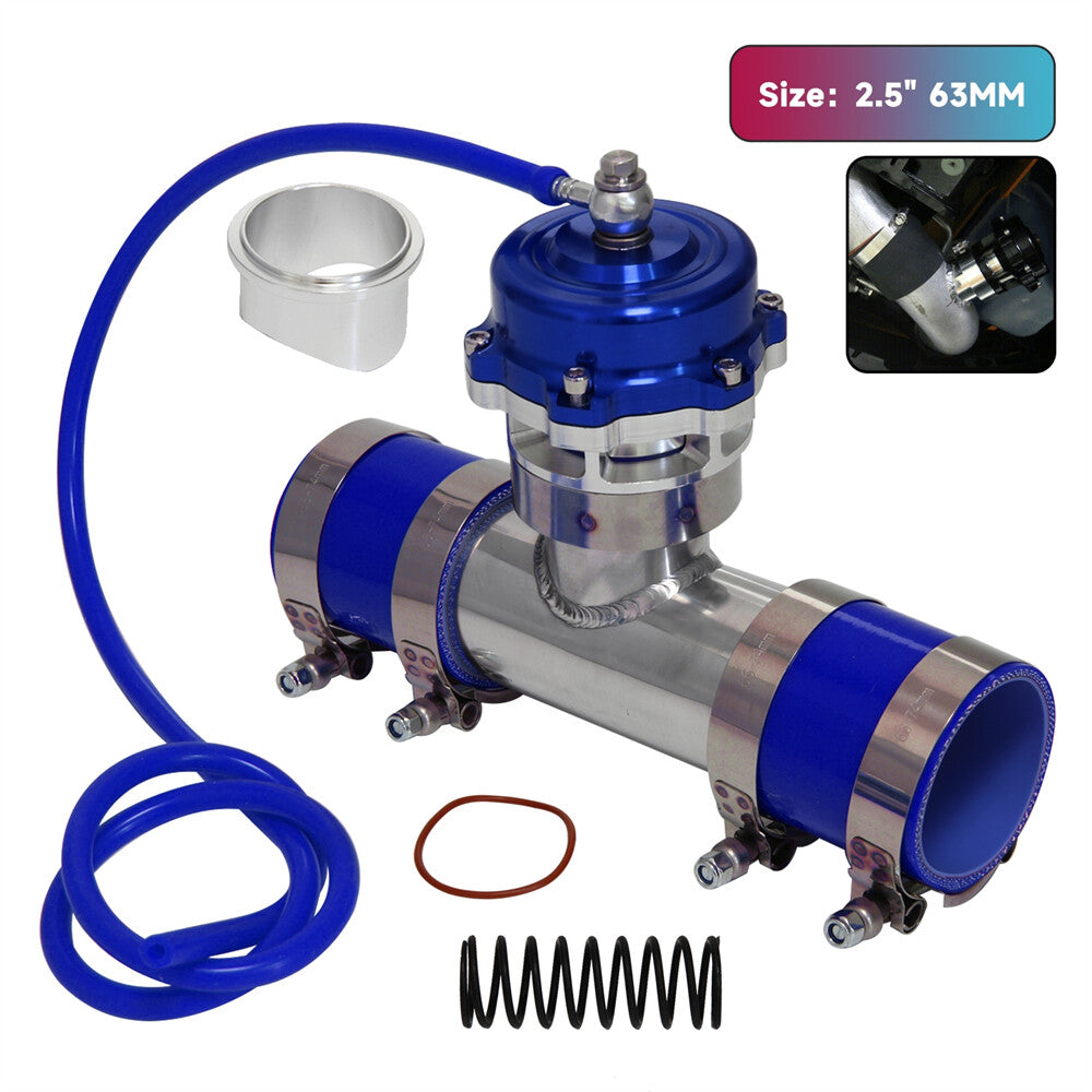 50MM 35PSI Boost V-Band Turbo Blow Off Valve BOV+2.5'' Flange Pipe Hose Kit Blue