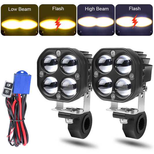 2PCS Motorcycle LED Spot Light Auxiliary Headlight Fog Driving Lamp White+Yellow