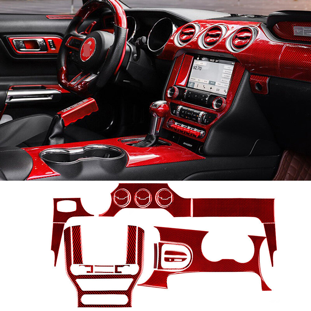 Red Carbon Fiber Dashboard Center Console Gear Panel Trim for Ford for Mustang 2015+