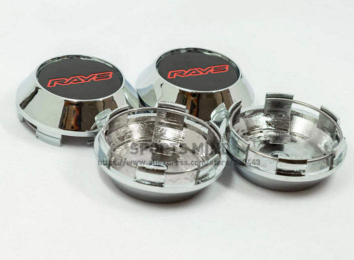 4-piece set of 68mm light badge wheel center caps, hubcaps, and rim caps in black and red chrome TE37
