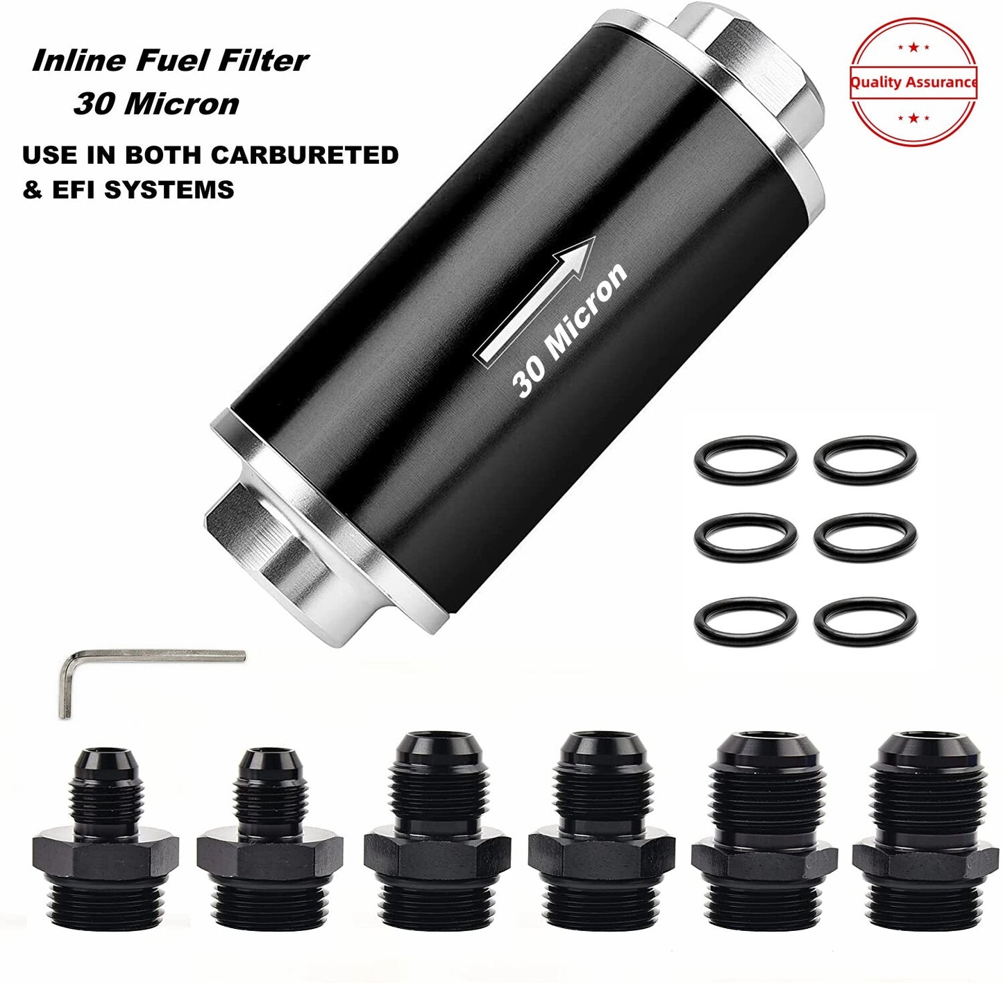 Inline fuel filter 30 microns with 6/8/10AN adapter and bracket clip 50mm universal