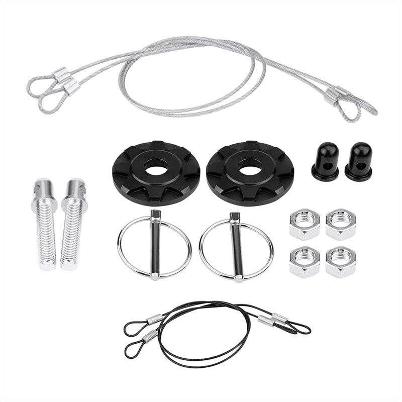 2x Hood Pins Kit CNC Aluminum Car Hood Pin Lock Latch Plate Appearance Kit Black