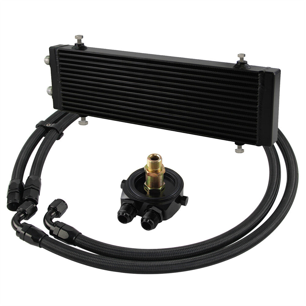 Universal Large Dual Pass Bar  Plate Oil Cooler + Flat Filter Adapter Hose Kit