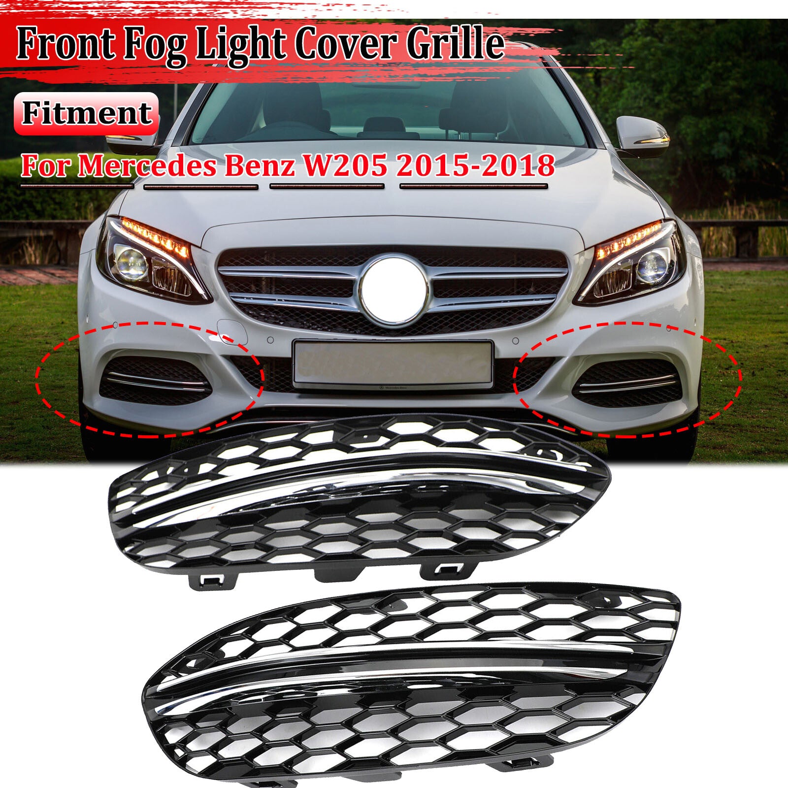 Honeycomb design for front fog light vent grille covers for Mercedes-Benz W205 2015 - around 18