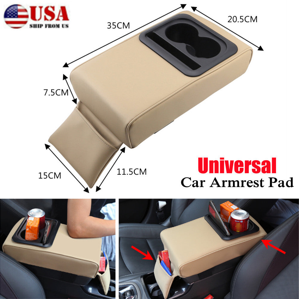 Double cup holder car armrest mat car center console storage box back cushion beige