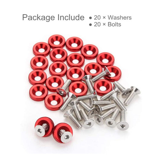 20Pcs Billet Aluminum Fender Bumper Washer Bay Dress up Bolt Screw Kit Red