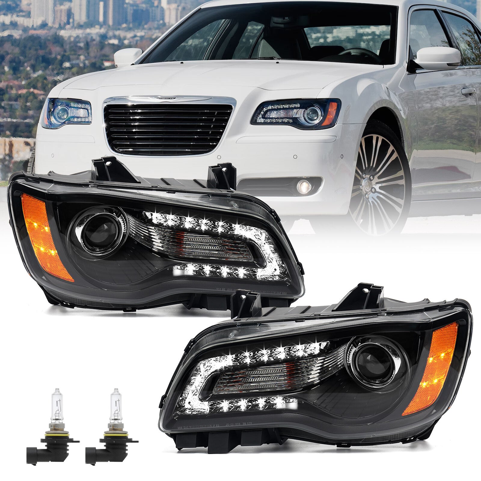 Healamp LH headlight with bulb for 2011-14 for Chrysler 300 black halogen LED DRL, right-hand grip.