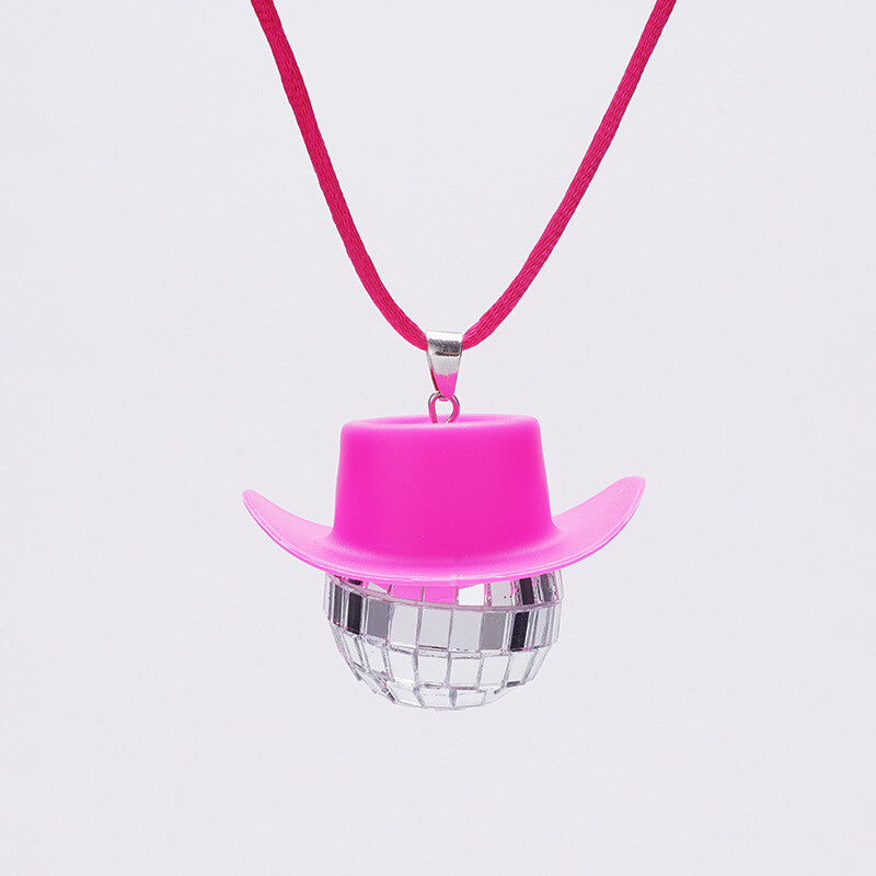 Cowboy Hat Disco Ball Car Ornamen Rearview Mirror Hanging Acessory Rope Pink