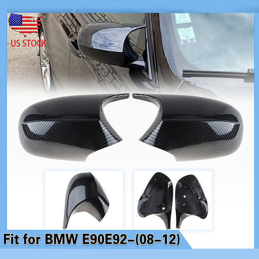 A pair of M3-style carbon fiber colored side mirror caps for BMW E90 E91 E92 E93