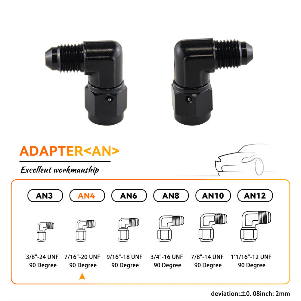 2PCS AN4 Female to 4AN Male 90 Degree Flare Swivel Hose Fitting Adapter Black