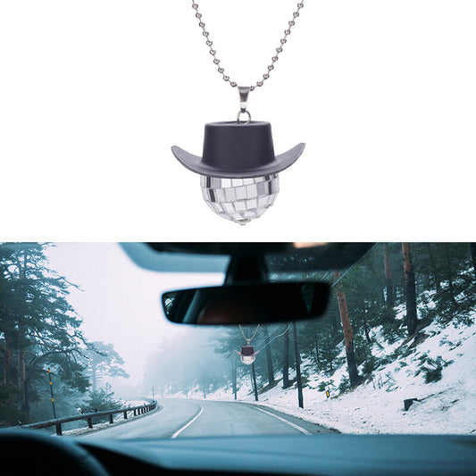 Cowboy Hat Disco Ball Car Ornamen Shiny Rear View Mirror Hanging Acessory Black