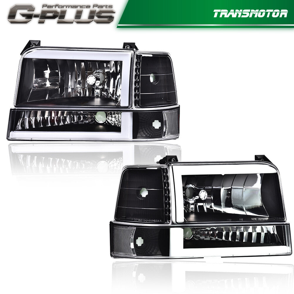 Suitable for 92-96 F150 F250 LED DRL black/clear headlights + chrome trim around the headlight doors.