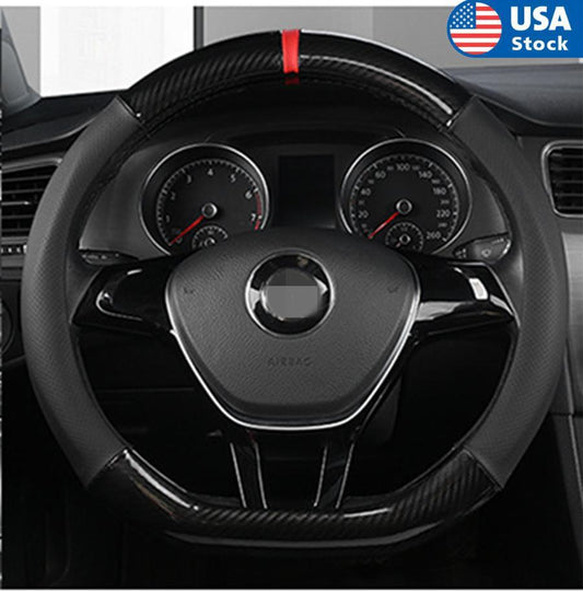 D Shape Car Steering Wheel Cover 38cm Black Leather Carbon Fiber Antiskid
