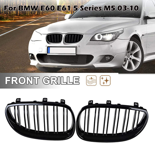 Twin-bar gloss black bumper and kidney grille suitable for BMW E60, E61, 5 Series, and M5 (2003-2010).