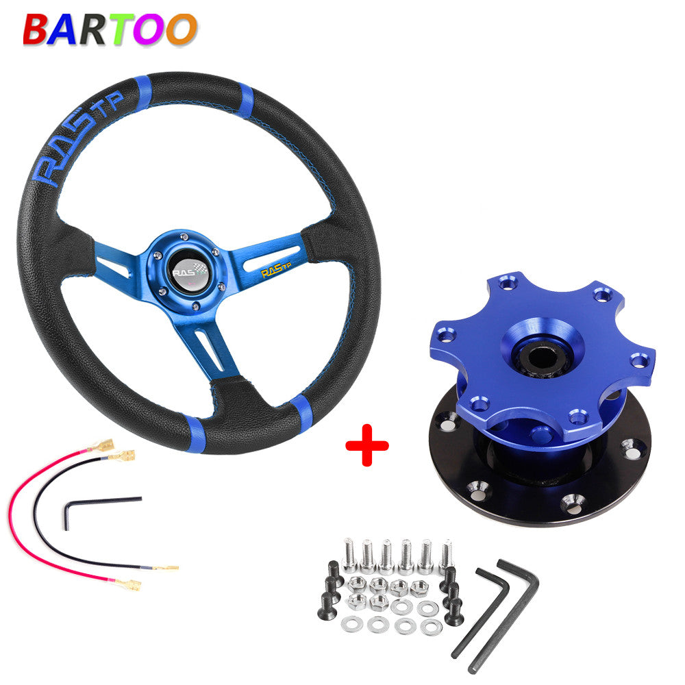 Racing Car 14 Deep Dish Drifting Steering Wheel Blue Quick Release Adapter