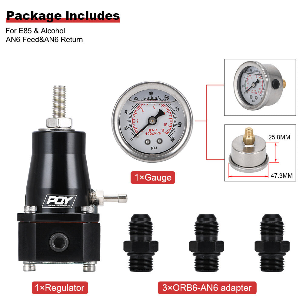 13129 Universal Aluminum Adjustable Fuel Pressure Regulator Kit AN6 Gauge Black