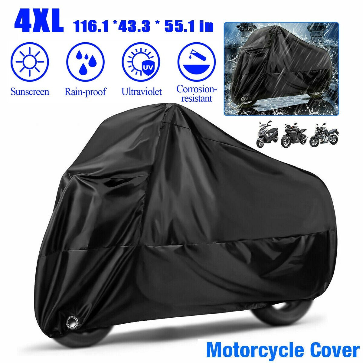 Motorcycle Cover Black XXXXL Waterproof Bike Outdoor Rain Dust UV Protector