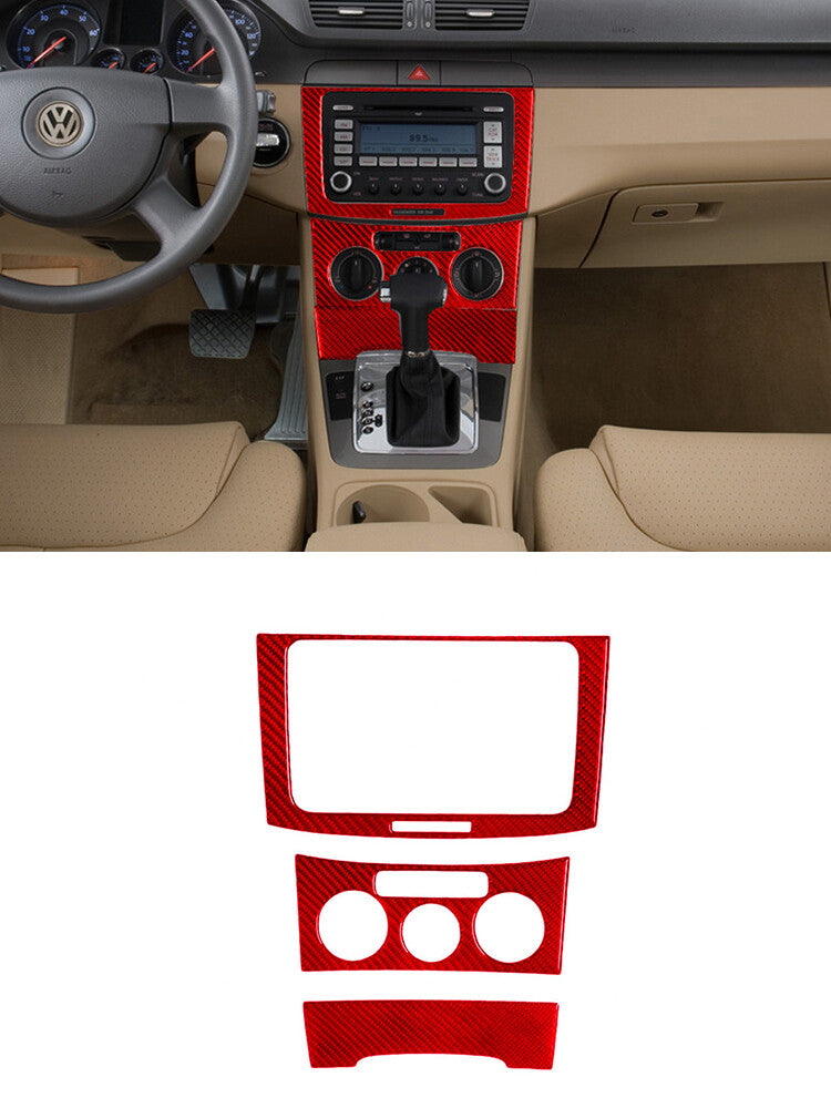 3Pcs Center Console Panel Trim Carbon Fiber Sticker for VW for Passat 2006-2011 Red