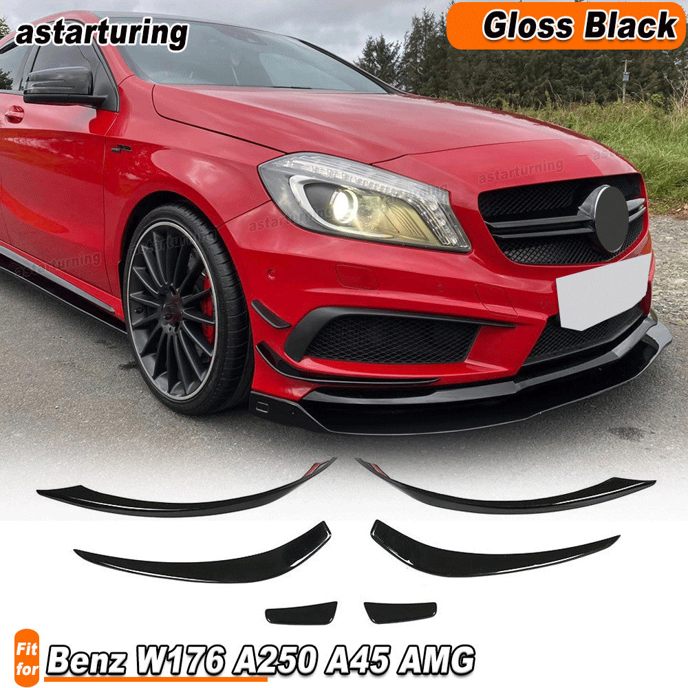 for Benz W176 A250 A45 Gloss Black Front Bumper Fins Canards Lip Splitters