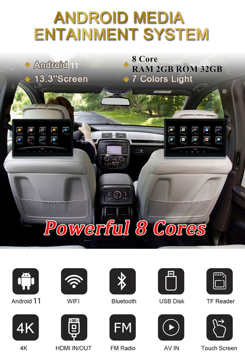 2x Rear for Seat Entertainment System Car Headrest Monitor Touch Screen Mirror Link