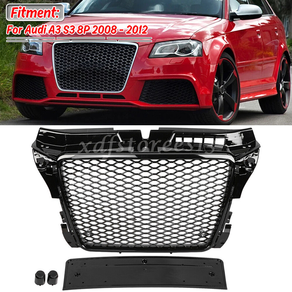 RS3 Style Front Sport Hex Mesh Honeycomb Grill Black for Audi A3 S3 8P 2008-2012