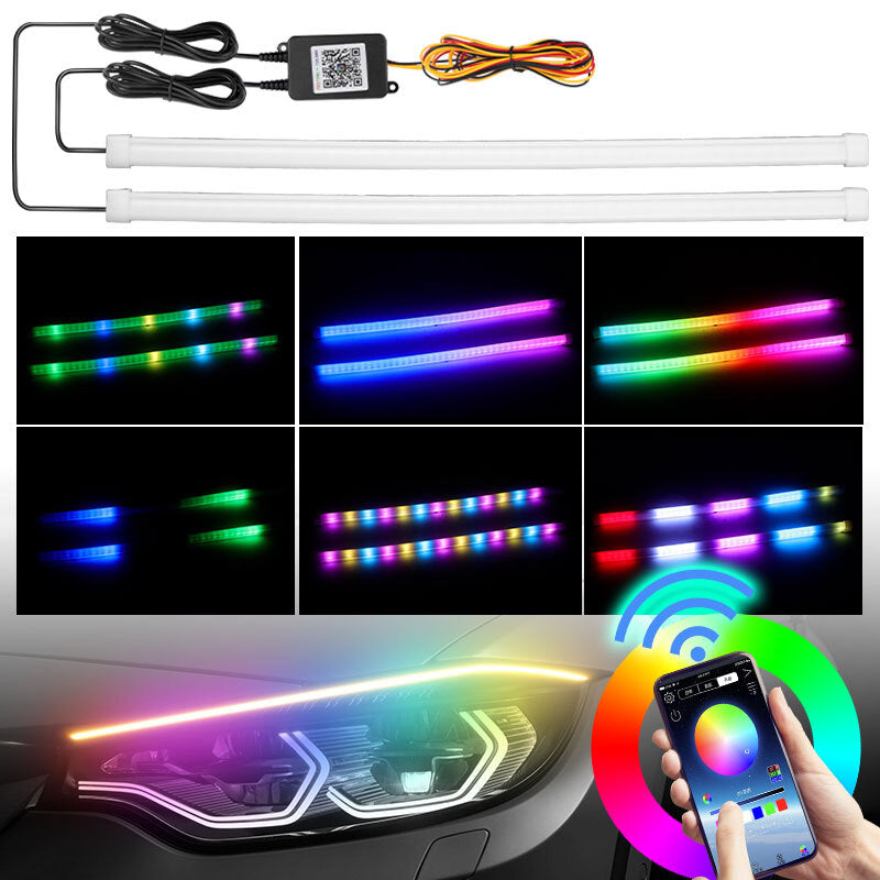 2Pcs Car LED RGB DRL Hood Light Strip Daytime Running Light APP Remote Control