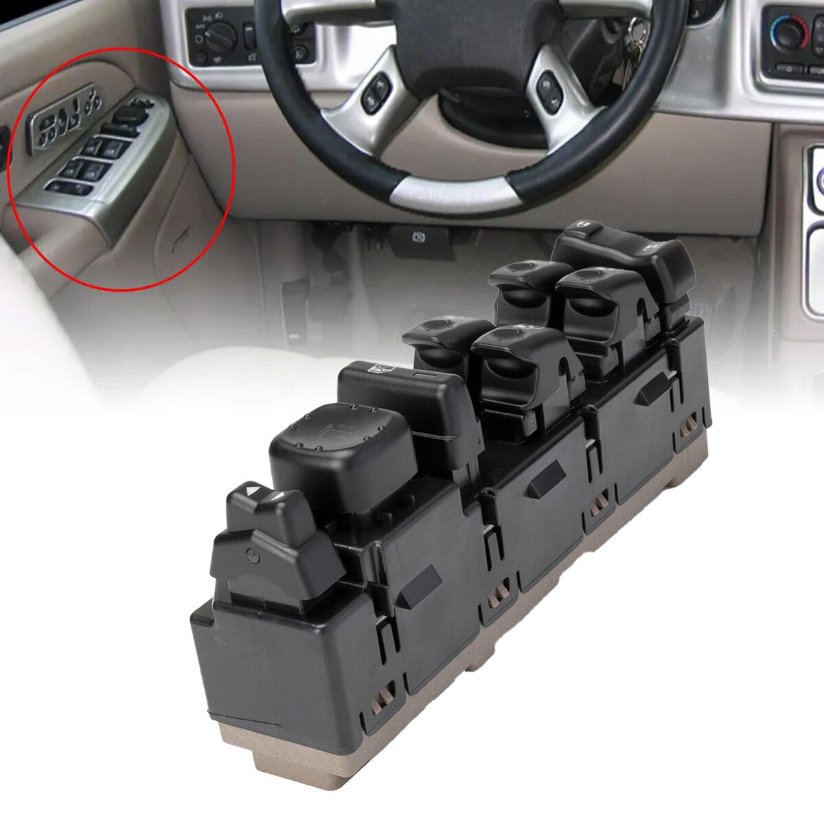 Front drive left-side power window switch, black, for Chevrolet Silverado 15883320