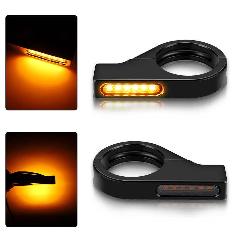 2X Motorcycle Front Fork Tubes Clamp 41mm LED Turn Signals Light Blinker Amber