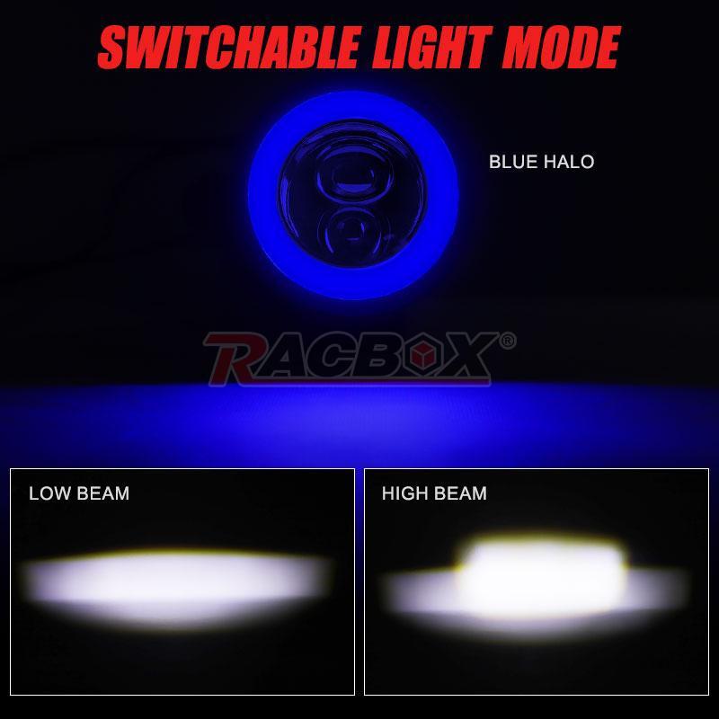 Motorcycle LED Spot Light White High/Low Beam With Blue Halo Driving Fog Lamp