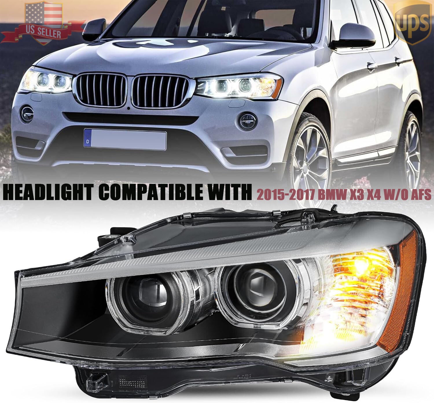 [HID w/o AFS] For 2015-2017 for BMW X3/X4 LED DRL Driver Side Projector Headlight LH
