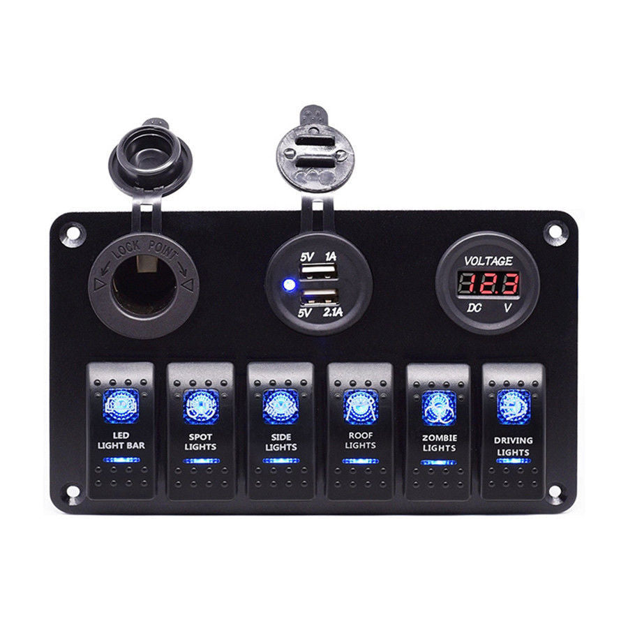 12V Car 6Gang Rocker Switch Panel with Digital Voltmeter USB Charger Adapter LED