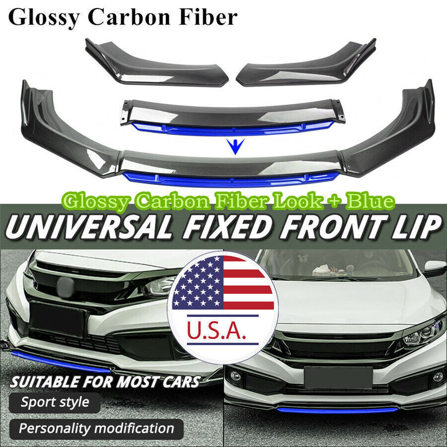 4Pcs Front Bumper Splitter Lip Diffuser Spoiler Body Kit Carbon Fiber Style+Blue