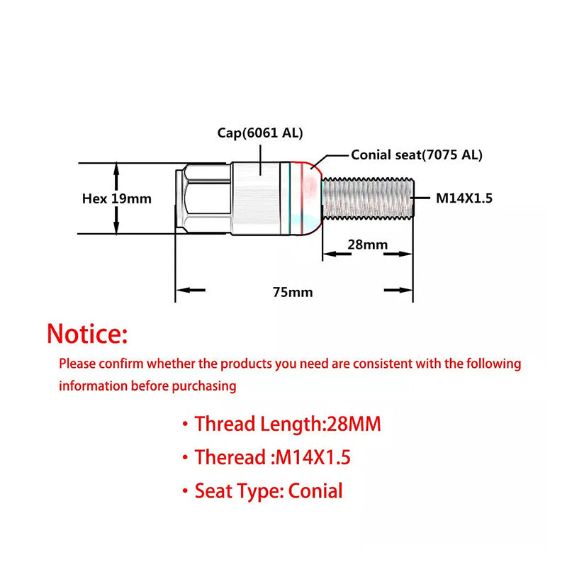 20-piece set of 28mm M14x1.5 wheel lug bolts and tapered for seat studs suitable for most aftermarket orange-plated products.