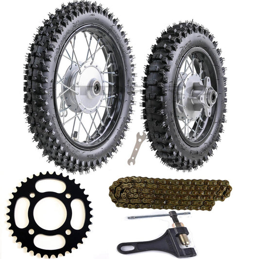 12-inch front and rear wheels, 80/100-10 tires, 60/100-12 rims, sprockets, 110cc off-road bicycle.